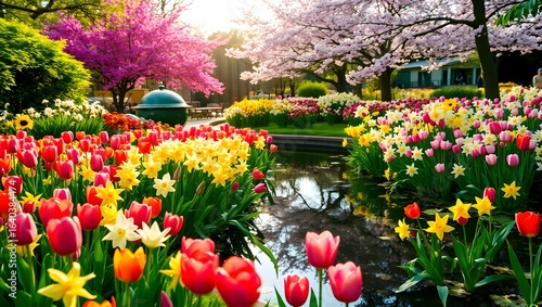 A vibrant public garden in full spring bloom, with colorful tulips and cherry trees surrounding a tranquil pond.