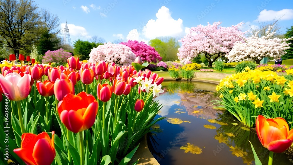 Obraz premium Idyllic spring landscape featuring a field of red tulips and blooming trees reflected in a calm garden pond