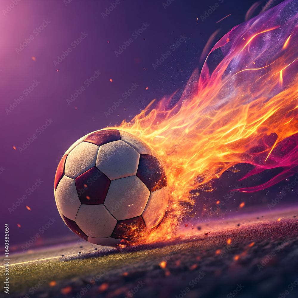 Fototapeta premium Soccer ball with a trail of fire and smoke moving across a grassy field under a purple sky football flames