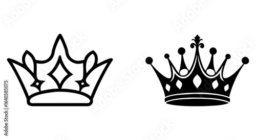 Set of queen on crown outline silhouette vector illustration design