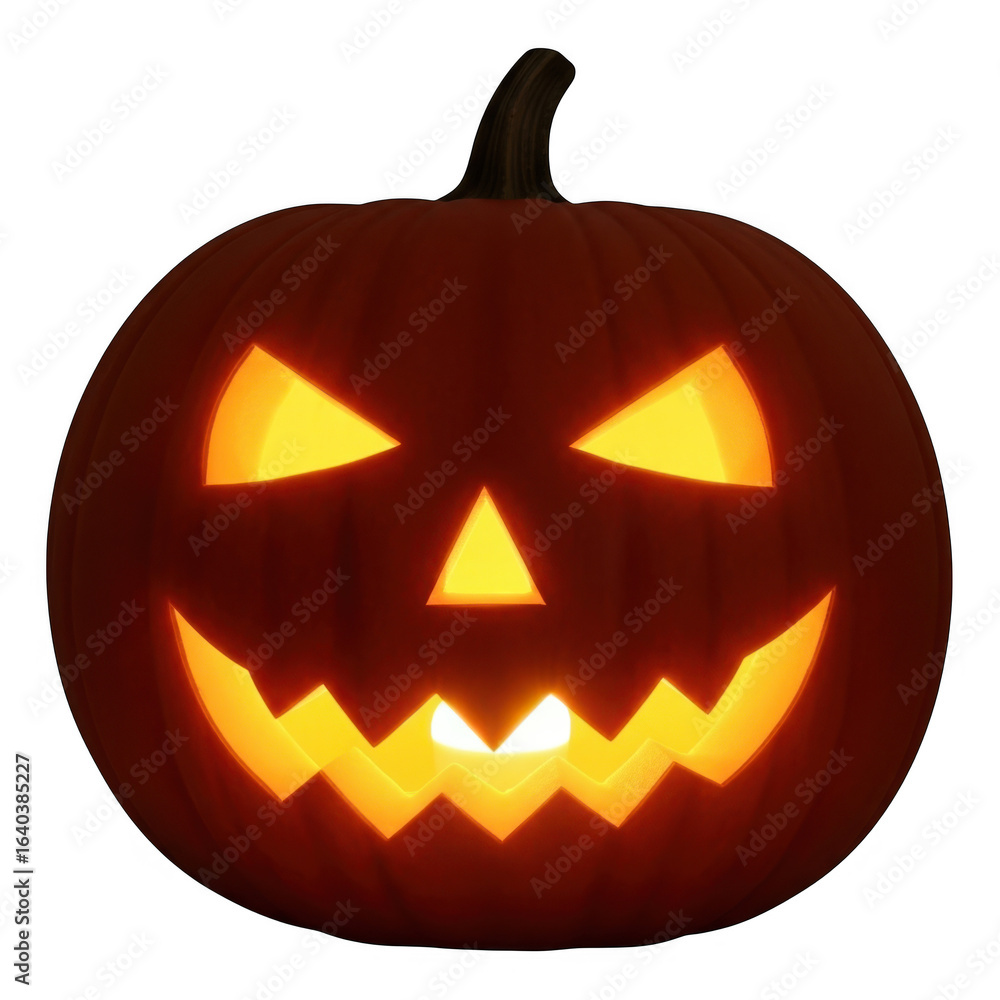 Fototapeta premium A carved halloween pumpkin with a scary face, glowing with an inner light, isolated on a transparent background