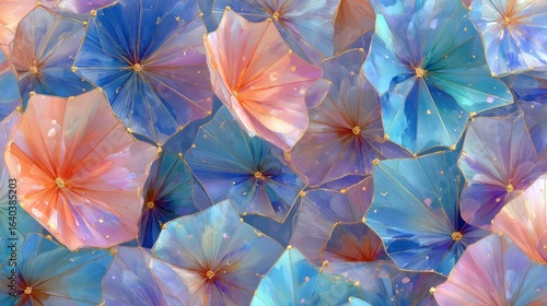 Seamless pattern with pastel pink and blue origami stars, folded into geometric shapes inspired by traditional Japanese kimono fabrics, on a soft cream background.