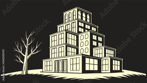 Architectural building design with modern facade and tree in black and white style illustration vector