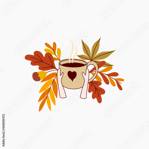 A steaming cup of coffee held by two hands with autumn leaves surrounding it.