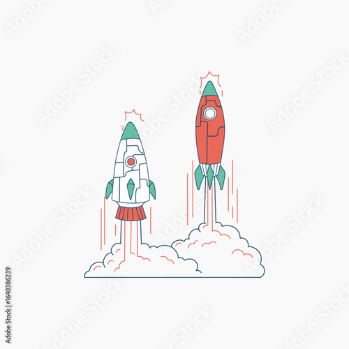 Two Cartoon Rockets Launching into the Sky