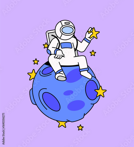 Vector illustration of an astronaut in a white spacesuit sitting on moon surrounded by stars the astronaut holds a star in one hand in cartoon hand drawn style design