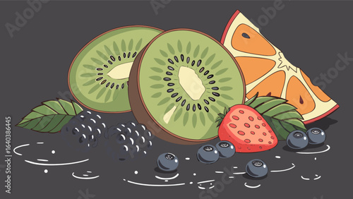 Delicious fruit salad with kiwi strawberry orange and blueberries healthy food illustration art vector design