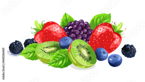 Delicious fresh fruit assortment featuring strawberries blueberries kiwi grapes and blackberries art 100