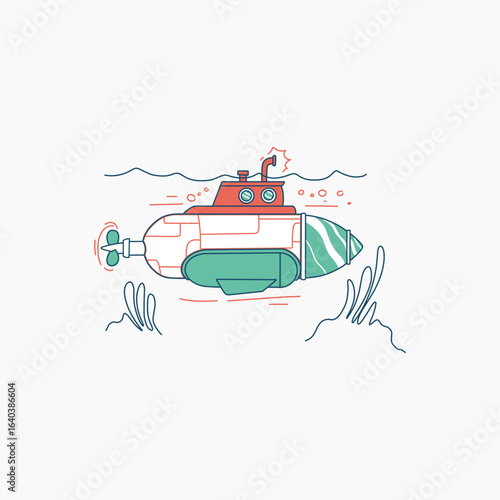 Cartoon Submarine with Red Conning Tower and Green Hull Under Water