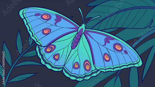 Beautiful blue butterfly illustration vector image with wings and nature background for design projects