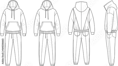 Blank hoodie and sweatpants vector template, front back side view, casual sportswear mockup, fashion apparel design, clothing illustration, garment sketch
