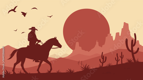 Silhouette cowboy riding horse in desert landscape at sunset vector illustration for western adventure theme
