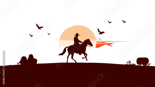 Western cowboy silhouette riding horse at sunset vector graphic illustration landscape scene for design element