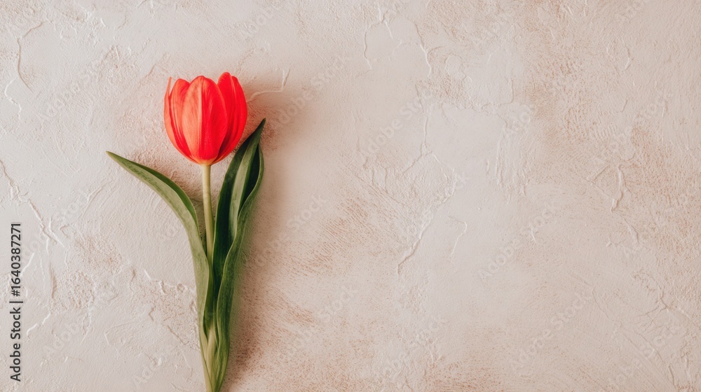 A single red tulip in top view, vibrant against a neutral backdrop, symbolizing simplicity and beauty. A single red tulip in top view, vibrant against a neutral backdrop, symbolizing simplicity and beauty.