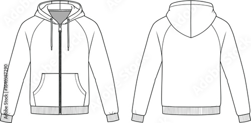 Blank zip up hoodie front and back view, fashion clothing template, sweatshirt mockup design, casual winter jacket illustration, apparel vector sketch