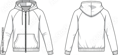 Blank zip up hoodie front and back view, fashion sweatshirt mockup, casual winter jacket template, clothing design vector, apparel illustration sketch, unisex garment style