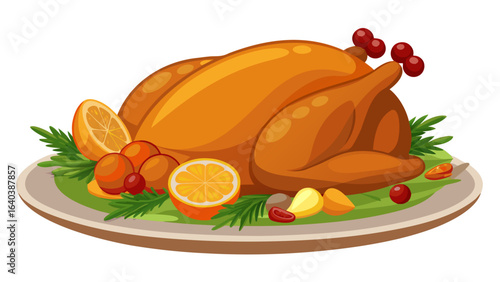 Golden roasted turkey on a festive platter, surrounded by vibrant fruits and herbs, symbolizing autumn holidays and seasonal gatherings with family and friends