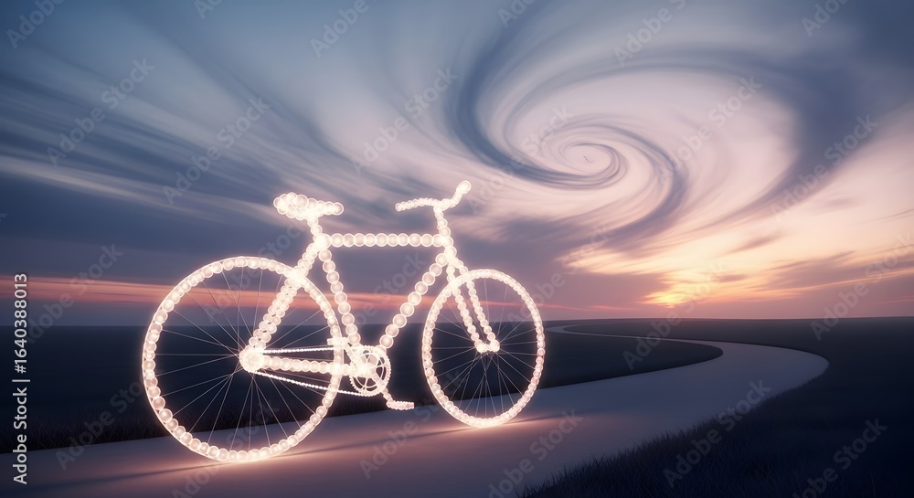 Fototapeta premium Luminous bicycle artfully illuminates a winding path against a dramatic twilight sky, blending technology and nature's beauty.