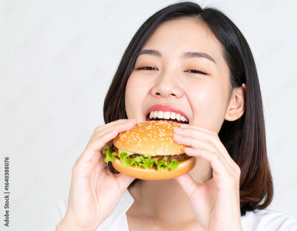 ハンバーガーを食べる若い女性/young woman eating a hamburger ハンバーガーを食べる若い女性/young woman eating a hamburger