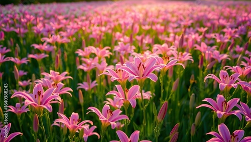 Romantic field of pink flowers blooming at sunset, bathed in warm golden light.
