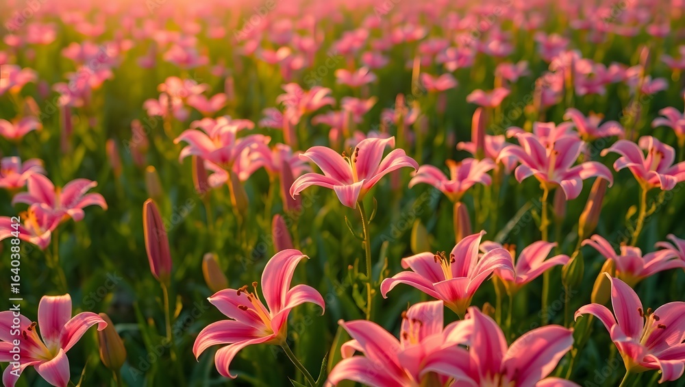 Naklejka premium A beautiful meadow of pink lilies glowing in the warm, golden light of a summer sunset.