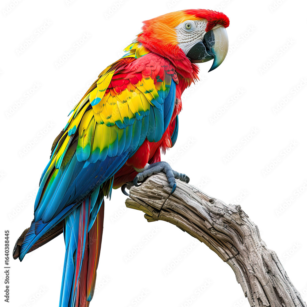 Fototapeta premium Scarlet Macaw perched on branch, rainforest background, wildlife photography, nature poster