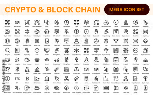 Crypto and Block chain web icon set. information icon, analytics, cloud computing, block chain, block, Distribution, Ledger, Transaction icon Blockchain icon minimal design.