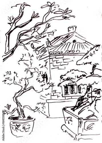 Travel to Vietnam, Hanoi, temple complex, travel sketch