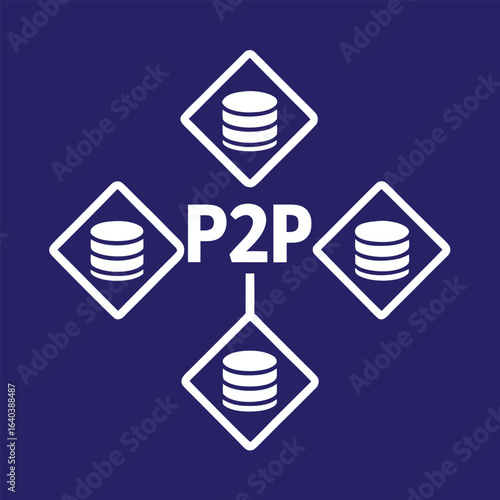 Minimalist P2P network icon vector in bold black silhouette style for blockchain and peer networking applications. Peer to peer network (P2P icons) silhouette vector icon illustration on white