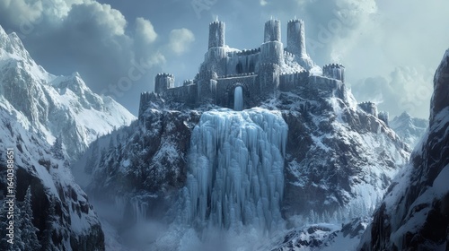 A majestic castle atop a snowy mountain, surrounded by icy cliffs and dramatic clouds, evokes a sense of mystery and fantasy.