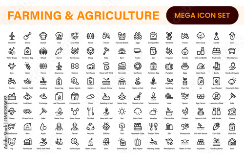 Farm, Farming, Agriculture - thin line web icon set. Contains such Icons as Greenhouse, Haystack, Harvest and more. Outline icons collection.