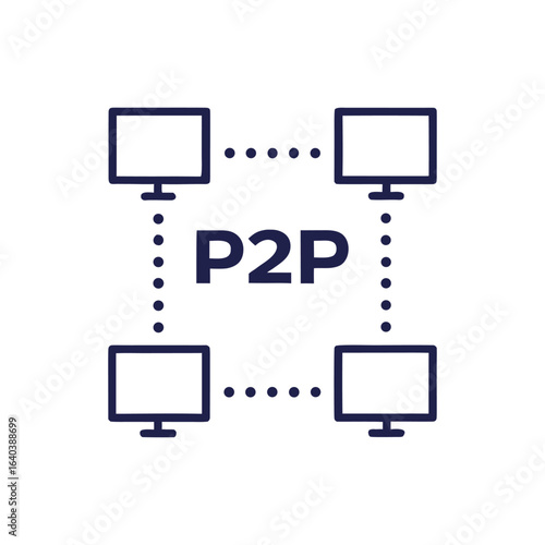 Simple and modern P2P network icon in flat silhouette style on white background, suitable for IT and communication projects. Peer to peer network (P2P icons) silhouette vector icon illustration