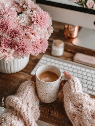 Cozy Workspace with Flowers and Coffee