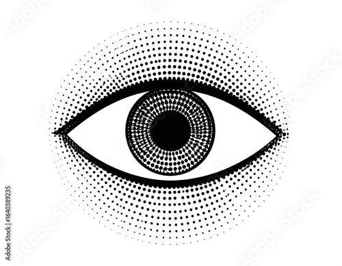 Halftone eye illustration with intricate dot work, vision and perception