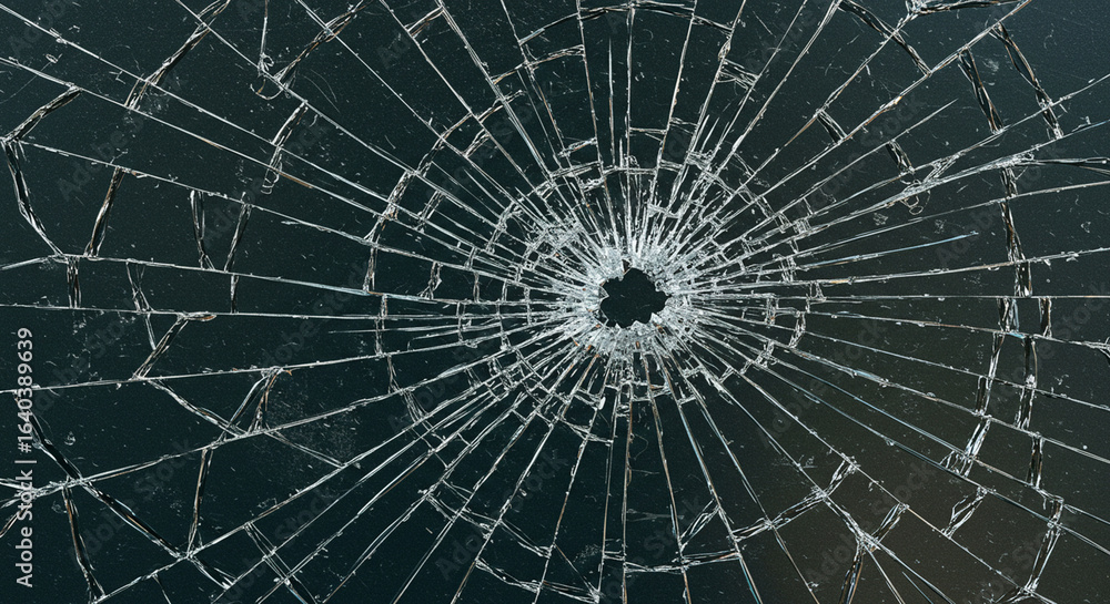 Fototapeta premium Shattered dark glass, radial cracks, broken surface.