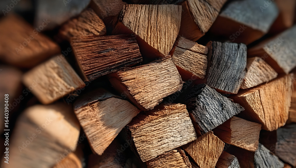 Fototapeta premium A close-up view of neatly stacked firewood pieces showcasing different shades and textures for natural wood aesthetics.