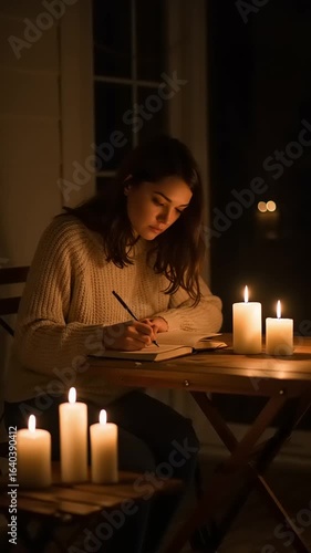Young woman writing in dimly lit room with candles