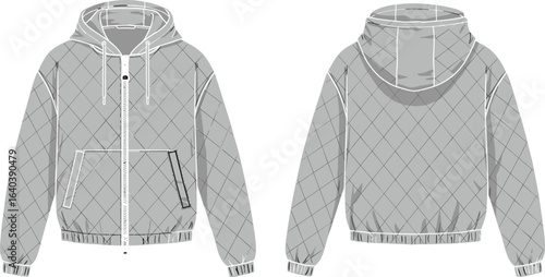 Quilted zip up hoodie front and back view, casual winter outerwear fashion design template, clothing mockup illustration for apparel designers, vector style