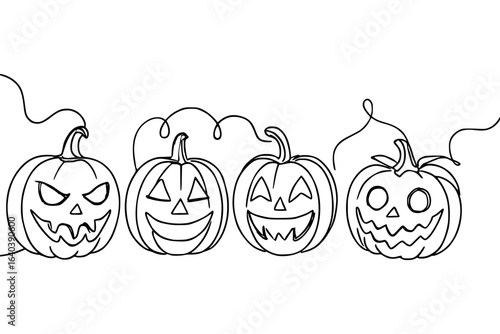 Isolated continuous line art illustration of Halloween pumpkins with various facial expressions. Minimalist black outline design featuring jack-o-lanterns in festive, spooky, and playful styles