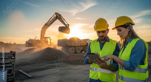 Construction workers in hard hats review tablet plans against a backdrop of heavy equipment operating at a construction site during sunset.
