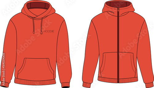 Red hoodie front and back view, pullover sweatshirt, zip up jacket, casual fashion design template, clothing illustration, apparel mockup, garment sketch