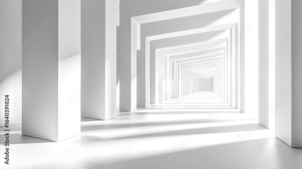 Obraz premium A white, empty, rectangular room with a white ceiling and floor, featuring a large, open, white, rectangular window with a white frame, casting a shadow on the floor.