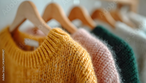 A cozy collection of knitted sweaters displayed on hangers, perfect for a warm and stylish look during colder seasons.