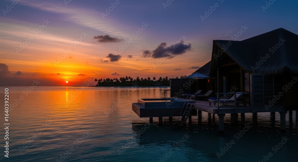 Luxury Overwater Bungalow at Sunset in the Maldives Luxury Overwater Bungalow at Sunset in the Maldives