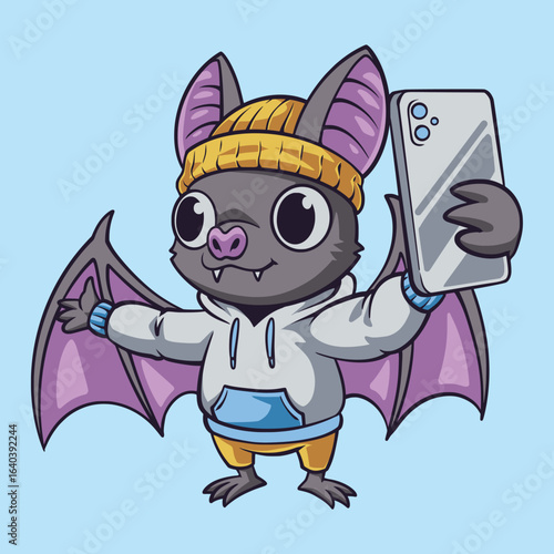 Cute Bat Taking a Halloween Selfie, A modern and adorable cartoon illustration of a gray bat wearing a yellow beanie and a light gray hoodie, holding up a smartphone to take a selfie.