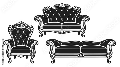 Ornate tufted chairs and sofa antique armchair
