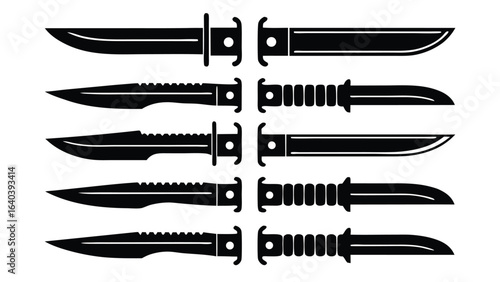Various black combat knives with serrated and smooth blades