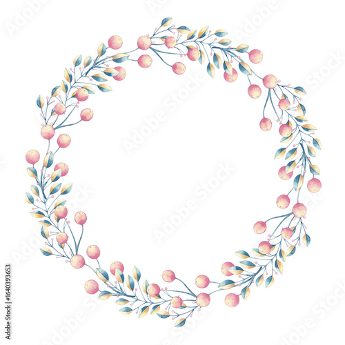 Konstfotografi Guirnalda decorativa pintada a mano en acuarela con hojas, bayas y flores en col