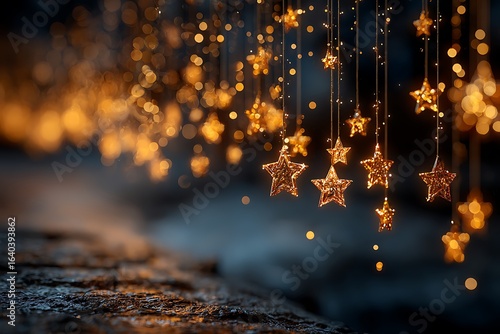 Glowing golden star ornaments with bokeh lights stars festive