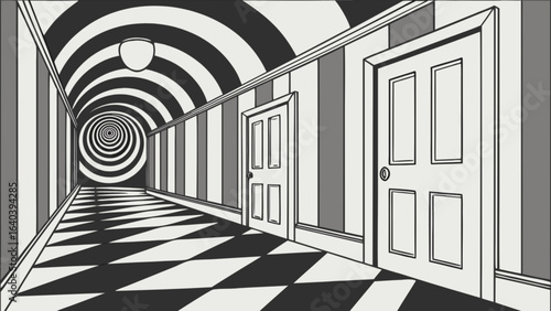 Hallway illusion art black and white drawing perspective optical art vector illustration design template